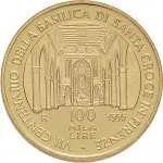 Repubblica Italiana Repubblica Italiana Lire 1946 2001Emissioni in oro confezionate 100.000 lire 1995 Basilica di Santa Croce 25 mm 14,925 15,075 g Au rovescio