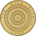 Repubblica Italiana Repubblica Italiana Lire 1946 2001Emissioni in oro confezionate 100.000 lire 1999 Basilica di San Francesco 25 mm 14,925 15,075 g Au rovescio