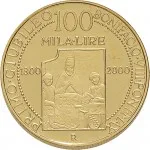 Repubblica Italiana Repubblica Italiana Lire 1946 2001Emissioni in oro confezionate 100.000 lire 2000 Primo Giubileo 25 mm 14,925 15,075 g Au rovescio