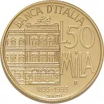 Repubblica Italiana Repubblica Italiana Lire 1946 2001Emissioni in oro confezionate 50.000 lire 1993 Banca d'Italia 20 mm 7,4625 7,5375 g Au rovescio