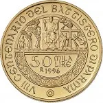 Repubblica Italiana Repubblica Italiana Lire 1946 2001Emissioni in oro confezionate 50.000 lire 1996 Battistero di Parma 20 mm 7,4625 7,5375 g Au rovescio
