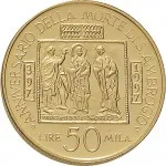 Repubblica Italiana Repubblica Italiana Lire 1946 2001Emissioni in oro confezionate 50.000 lire 1997 Chiesa di Sant'Ambrogio 20 mm 7,4625 7,5375 g Au rovescio