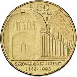 Repubblica Italiana Repubblica Italiana Lire 1946 2001Emissioni in oro confezionate 50.000 lire 1998 Chiesa di San Giovanni degli Eremiti 20 mm 7,4625 7,5375 g Au rovescio
