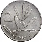 Repubblica Italiana Repubblica Italiana Lire 1946 2001Monetazione del secondo periodo dal 1951 2 lire 1953 2001 Ramo di ulivo 18.3 mm 0,76 0,86 g It rovescio
