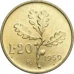 Repubblica Italiana Repubblica Italiana Lire 1946 2001Monetazione del secondo periodo dal 1951 20 lire 1956 1959 Ramo di quercia 1 tipo 21.3 mm 3,528 3,672 g Ba rovescio