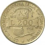 Repubblica Italiana Repubblica Italiana Lire 1946 2001Monetazione del secondo periodo dal 1951 200 lire 1996 Stemma Guardia di Finanza 24 mm 4,9 5,1 g Ba rovescio