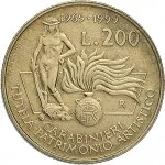 Repubblica Italiana Repubblica Italiana Lire 1946 2001Monetazione del secondo periodo dal 1951 200 lire 1999 Carabinieri tutela patrimonio artistico 24 mm 4,9 5,1 g Ba rovescio