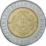 Repubblica Italiana Repubblica Italiana Lire 1946 2001Monetazione del secondo periodo dal 1951 500 lire 1993 Monogramma Banca d'Italia 25.8 mm 6,65 6,95 g Ac Ba rovescio