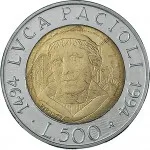 Repubblica Italiana Repubblica Italiana Lire 1946 2001Monetazione del secondo periodo dal 1951 500 lire 1994 Luca Pacioli 25.8 mm 6,65 6,95 g Ac Ba rovescio