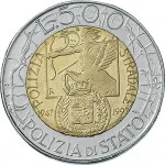 Repubblica Italiana Repubblica Italiana Lire 1946 2001Monetazione del secondo periodo dal 1951 500 lire 1997 Polizia stradale 25.8 mm 6,65 6,95 g Ac Ba rovescio