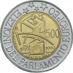 Repubblica Italiana Repubblica Italiana Lire 1946 2001Monetazione del secondo periodo dal 1951 500 lire 1999 Elezioni Parlamento europeo 25.8 mm 6,65 6,95 g Ac Ba rovescio