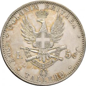 Umberto I di Savoia 1878 1900 Colonia Eritrea Tallero da 5 lire 1891 1896 Aquila spiegata 40 mm 28,013 28,209 g Ag rovescio