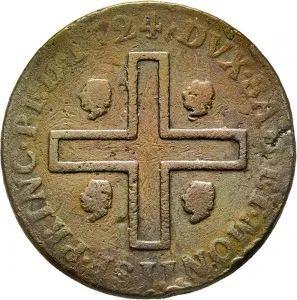 Vittorio Amedeo II di Savoia 1720 1730 Regno di Sardegna Monetazione per la Sardegna 3 cagliaresi da sei denari 1724 Croce piana 24 25 mm 6,32 6,80 g Cu rovescio