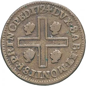Vittorio Amedeo II di Savoia 1720 1730 Regno di Sardegna Monetazione per la Sardegna Cagliarese da 2 denari 1724 Croce piana 18 19 mm 1,91 2,40 g Cu rovescio
