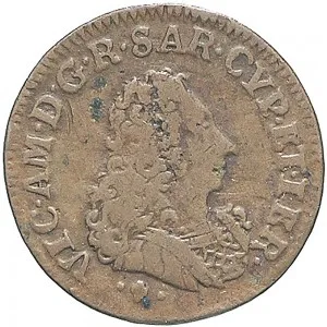 Vittorio Amedeo II di Savoia 1720 1730 Regno di Sardegna Monetazione per la Sardegna Cagliarese da 2 denari 1724 Croce piana 18 19 mm 1,91 2,40 g Cu dritto