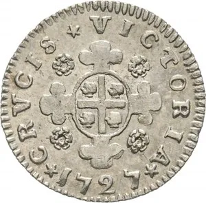 Vittorio Amedeo II di Savoia 1720 1730 Regno di Sardegna Monetazione per la Sardegna Reale da 5 soldi 1727 Croce di San Maurizio 19 mm 2,16 2,37 g Ag rovescio