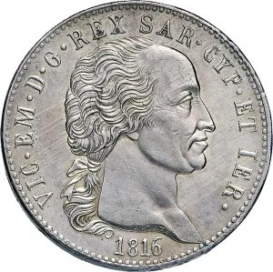 Vittorio Emanuele I di Savoia 1802 1821 Regno di Sardegna Periodo posteriore alla riforma decimale del 1816 5 lire 1816 1820 Scudo sannitico 1 tipo 37 mm 24,8 25,0 g Ag dritto