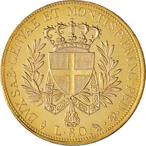 Vittorio Emanuele I di Savoia 1802 1821 Regno di Sardegna Periodo posteriore alla riforma decimale del 1816 80 lire 1821 Scudo triangolare 33 34 mm 25,77 25,80 g Au rovescio
