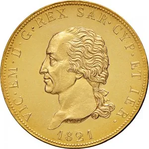 Vittorio Emanuele I di Savoia 1802 1821 Regno di Sardegna Periodo posteriore alla riforma decimale del 1816 80 lire 1821 Scudo triangolare 33 34 mm 25,77 25,80 g Au dritto