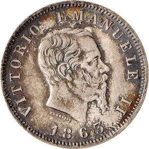 Vittorio Emanuele II di Savoia 1861 1878 Regno d'Italia 1 lira 1863 Valore su due rami di alloro 3 tipo 23 mm 4,95 5,00 g Ag dritto