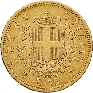 Vittorio Emanuele II di Savoia 1861 1878 Regno d'Italia 10 lire 1861 Scudo sannitico 1 tipo 18 mm 3,22 g Au rovescio