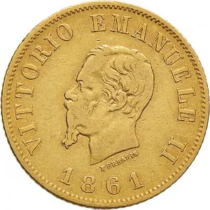 Vittorio Emanuele II di Savoia 1861 1878 Regno d'Italia 10 lire 1861 Scudo sannitico 1 tipo 18 mm 3,22 g Au dritto