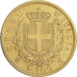 Vittorio Emanuele II di Savoia 1861 1878 Regno d'Italia 100 lire 1864 1878 Scudo sannitico 34 mm 32,20 32,25 g Au rovescio