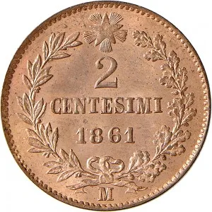 Vittorio Emanuele II di Savoia 1861 1878 Regno d'Italia 2 centesimi 1861 1867 Valore entro semicorona di alloro e quercia 20 mm 2,00 2,08 g rovescio