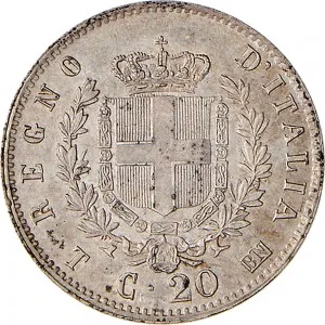 Vittorio Emanuele II di Savoia 1861 1878 Regno d'Italia 20 centesimi 1863 Scudo sannitico 1 tipo 16 mm 0,98 1,00 g Ag rovescio