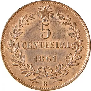 Vittorio Emanuele II di Savoia 1861 1878 Regno d'Italia 5 centesimi 1861 1867 Valore entro semicorona di alloro e quercia 25 mm 4,88 5,12 g rovescio