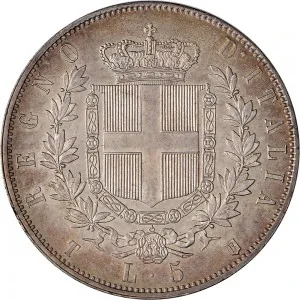 Vittorio Emanuele II di Savoia 1861 1878 Regno d'Italia 5 lire 1861 1878 Scudo sannitico 2 tipo 37 mm 24,80 25,05 g Ag rovescio