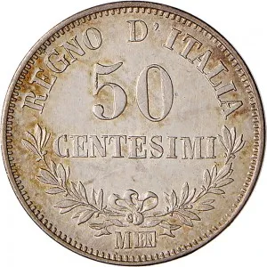 Vittorio Emanuele II di Savoia 1861 1878 Regno d'Italia 50 centesimi 1863 1867 Valore su due rami di alloro 3 tipo 18 mm 2,46 2,57 g Ag rovescio