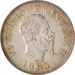 Vittorio Emanuele II di Savoia 1861 1878 Regno d'Italia 50 centesimi 1863 1867 Valore su due rami di alloro 3 tipo 18 mm 2,46 2,57 g Ag dritto