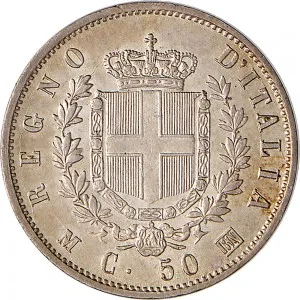 Vittorio Emanuele II di Savoia 1861 1878 Regno d'Italia 50 centesimi 1863 Scudo sannitico 2 tipo 18 mm 2,45 2,54 g Ag rovescio