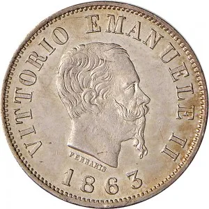 Vittorio Emanuele II di Savoia 1861 1878 Regno d'Italia 50 centesimi 1863 Scudo sannitico 2 tipo 18 mm 2,45 2,54 g Ag dritto