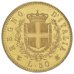 Vittorio Emanuele II di Savoia 1861 1878 Regno d'Italia 50 lire 1864 Scudo sannitico 27,5 mm 16,10 16,12 g Au rovescio