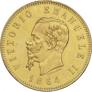 Vittorio Emanuele II di Savoia 1861 1878 Regno d'Italia 50 lire 1864 Scudo sannitico 27,5 mm 16,10 16,12 g Au dritto