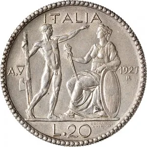 Vittorio Emanuele III di Savoia 1900 1936 Re Regno d'Italia 20 lire 1927 Anno V 1934 Anno XII Littore e Italia genitrice 35,5 mm 14,179 15,075 g Ag rovescio