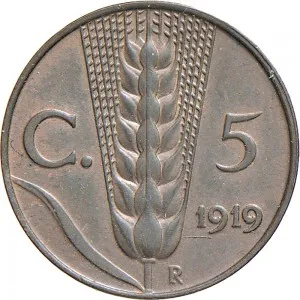 Vittorio Emanuele III di Savoia 1900 1936 Re Regno d'Italia 5 centesimi 1919 1937 Spiga 2 tipo 19,5 mm 3,202 3,298 g rovescio