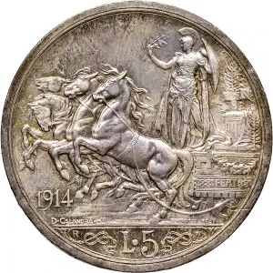 Vittorio Emanuele III di Savoia 1900 1936 Re Regno d'Italia 5 lire 1914 Italia su quadriga briosa 37 mm 24,675 25,075 g Ag rovescio