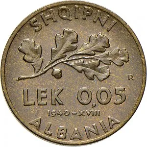 Vittorio Emanuele III di Savoia 1939 1943 Regno d'Albania 2 periodo 0,05 lek 1940 Anno XVIII 1941 Anno XIX Ramo di quercia 19,5 mm 2,508 3,392 g Ba rovescio