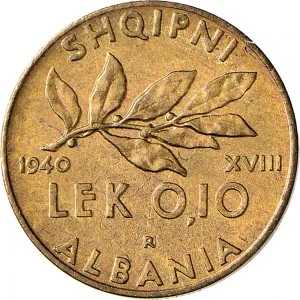 Vittorio Emanuele III di Savoia 1939 1943 Regno d'Albania 2 periodo 0,10 lek 1940 Anno XVIII 1941 Anno XIX Ramo di alloro 22,5 mm 4,165 5,636 g Ba rovescio