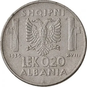 Vittorio Emanuele III di Savoia 1939 1943 Regno d'Albania 2 periodo 0,20 lek 1939 Anno XVIII 1941 Anno XIX Aquila bicipite 21,7 mm 3,92 4,08 g Ac rovescio