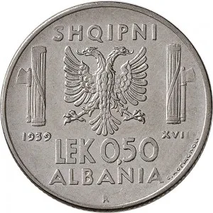 Vittorio Emanuele III di Savoia 1939 1943 Regno d'Albania 2 periodo 0,50 lek 1939 Anno XVIII 1941 Anno XIX Aquila bicipite 24,1 mm 5,88 6,12 g Ac rovescio