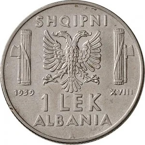 Vittorio Emanuele III di Savoia 1939 1943 Regno d'Albania 2 periodo 1 lek 1939 Anno XVIII 1941 Anno XIX Aquila bicipite 26,7 mm 7,84 8,16 g Ac rovescio