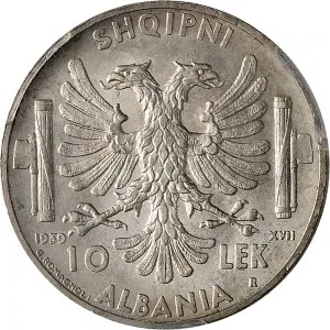 Vittorio Emanuele III di Savoia 1939 1943 Regno d'Albania 2 periodo 10 lek 1939 Anno XVII Aquila bicipite 27 mm 9,452 10,050 g Ag rovescio