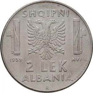 Vittorio Emanuele III di Savoia 1939 1943 Regno d'Albania 2 periodo 2 lek 1939 Anno XVIII 1941 Anno XIX Aquila bicipite 29,6 mm 9,8 10,2 g Ac rovescio